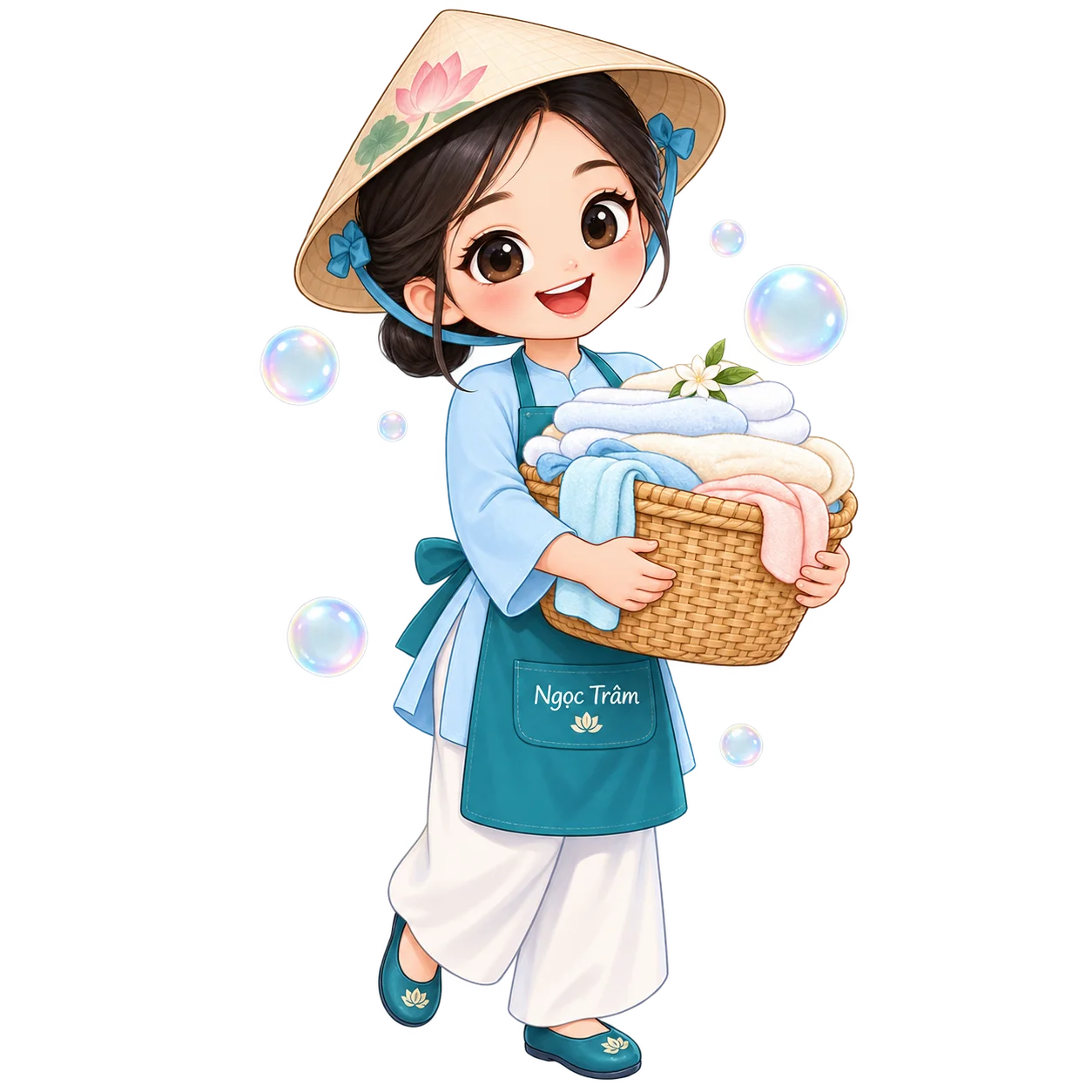 Mascot Giặt Là Ngọc Trâm: cô gái Việt đội nón lá, ôm giỏ quần áo sạch