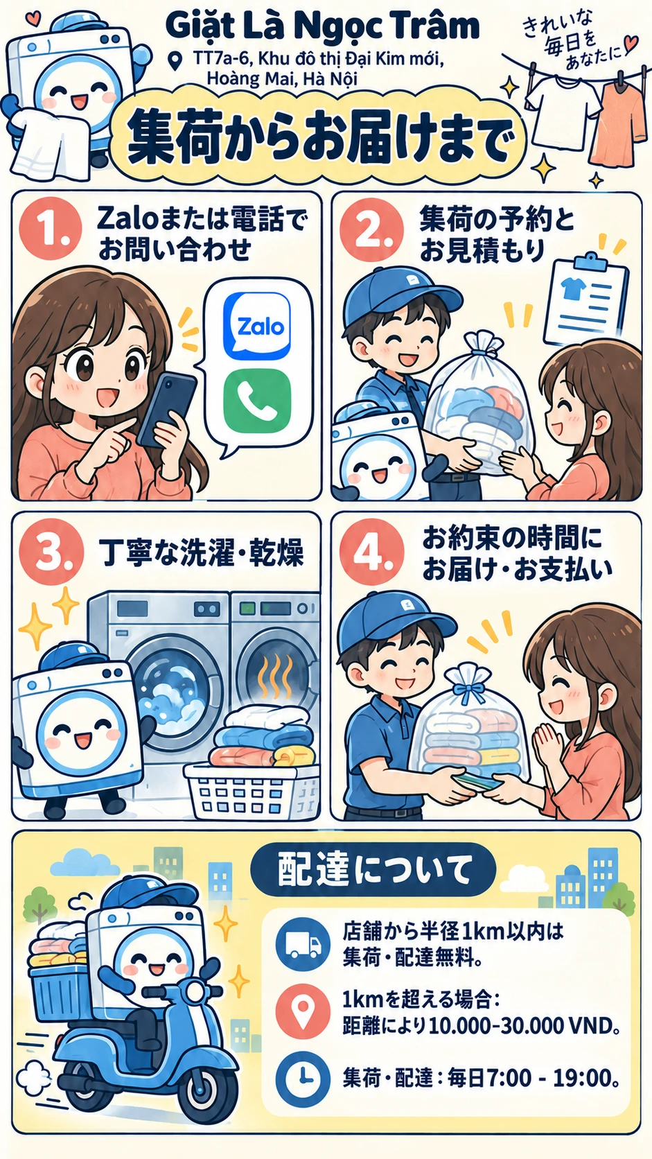 集荷からお届けまで 1. Zaloまたは電話でお問い合わせ 2. 集荷の予約とお見積もり 3. 丁寧な洗濯・乾燥 4. お約束の時間にお届け・お支払い 店舗から半径1km以内は集荷・配達無料。 1kmを超える場合：距離により10.000–30.000 VND。 集荷・配達：毎日7:00 - 19:00。